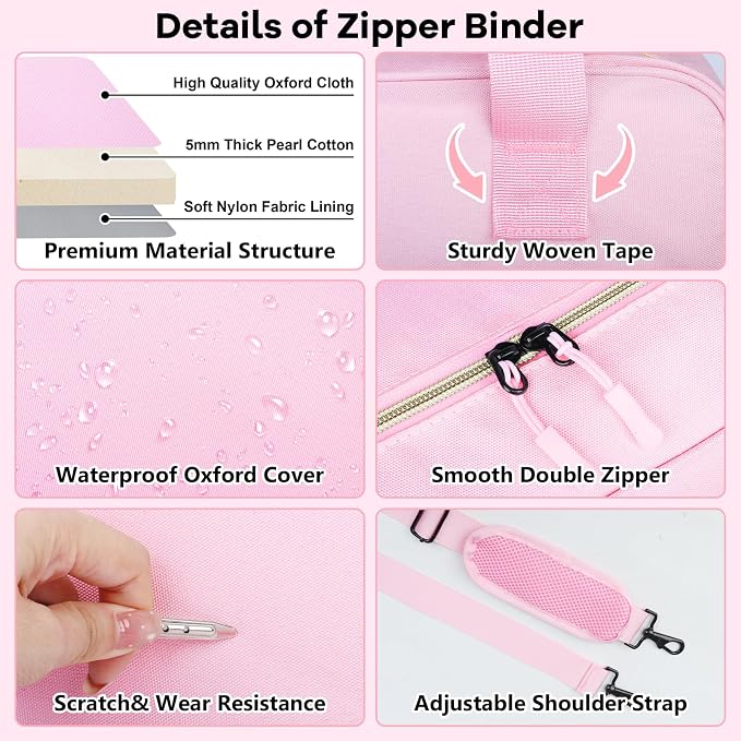 3 Inch D-Ring Zipper Binder Bag, 700 Sheet Capacity Multi-Pockets Organizer, 13 Inch Laptop Carrying Case with Bottle Holder& Shoulder Strap for School Office (Pink)