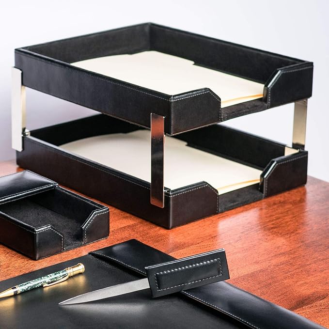 Dacasso Dark Brown Bonded Leather Double Letter Trays