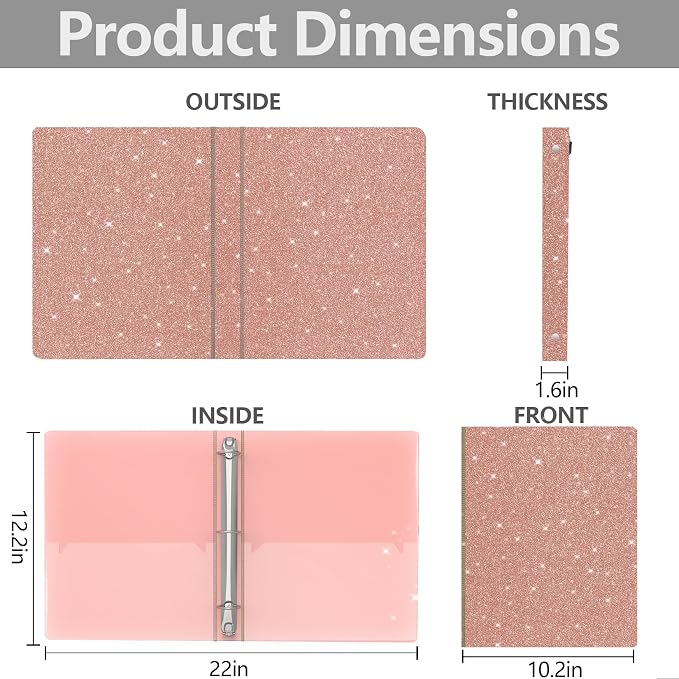 3 Ring Binder, Glitter 1 Inch Organizer, 8.5" x 11" Letter Size, Waterproof Fashion View Binder, Cute for Office School Supplies (Rose Gold)