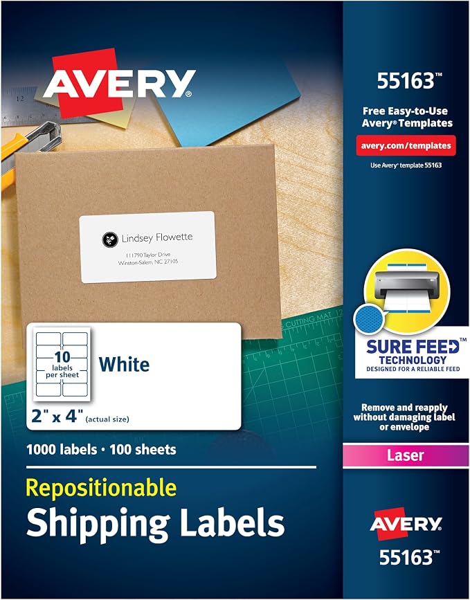 Avery® Repositionable Shipping Labels for Laser Printers 2 x 4, Box of 1,000 (55163)
