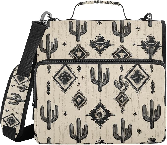 Western Cowboy Cactus 3 Ring Zipper Binder with Handle 1.5 inch Binder Organizer, Multi Pockets Office File Folder with Shoulder Strap 500 Sheet Capacity