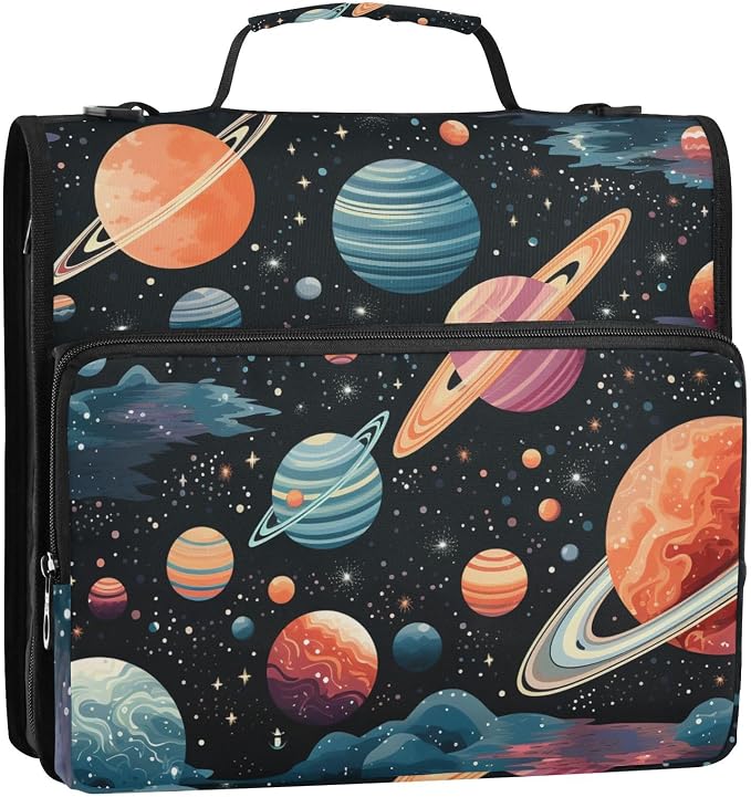 Space Planet Astronomy 3 Ring Zipper Binder with Handle 1.5 inch Binder Organizer, Multi Pockets Office File Folder with Shoulder Strap 500 Sheet Capacity