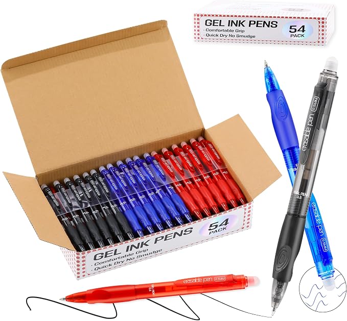 USUAL 54 Pack Retractable Erasable Gel Pens Clicker, Black Blue Red Ink for Planners,Fine Point(0.5mm),Make Mistakes Disappear, Premium Comfort Grip, Smooth Writing Pen Office Back-to-School Supplies