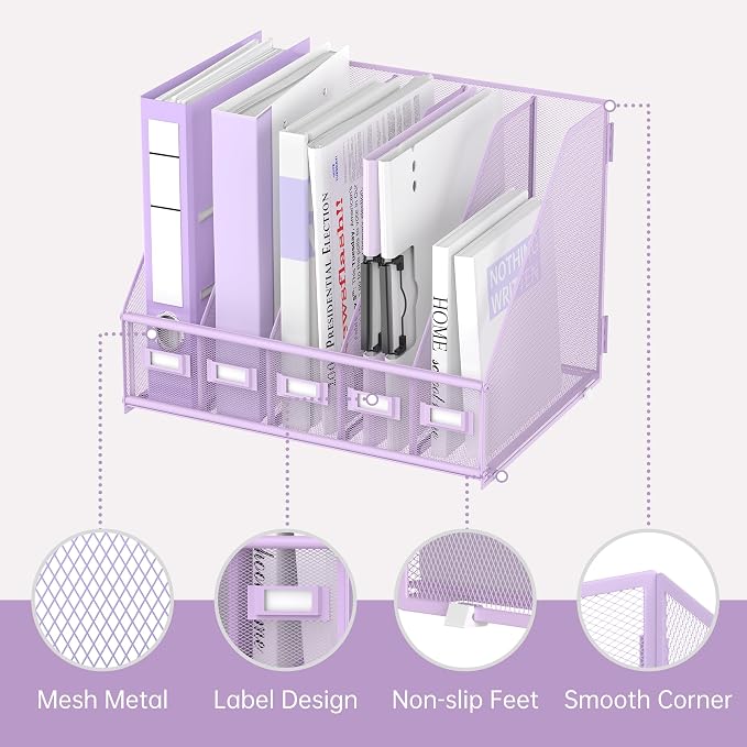Desk Organizers Metal Desk Magazine File Holder with 5 Vertical Compartments Rack File Organizer for Office Desktop, Classroom, Home Workspace, Purple Plus