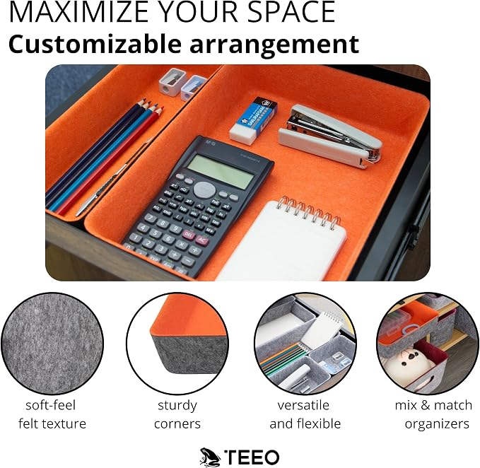 Teeo - Drawer Dividers Organizers - Makeup Trays for Vanity - Drawers Organizer - Office Drawer Organizer - Home Office Desk Cosmetic Bins Dividers Box Compartment Organization - Pack of 5, Orange