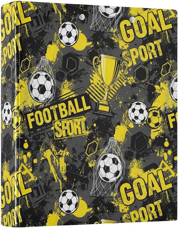 Aslsiy Kids 3 Ring Binder 1.5 Inch Football Yellow Soccer Gray Girls Round Clipboard Binder Decorative Harcover Binders Organizer for Office School Supply