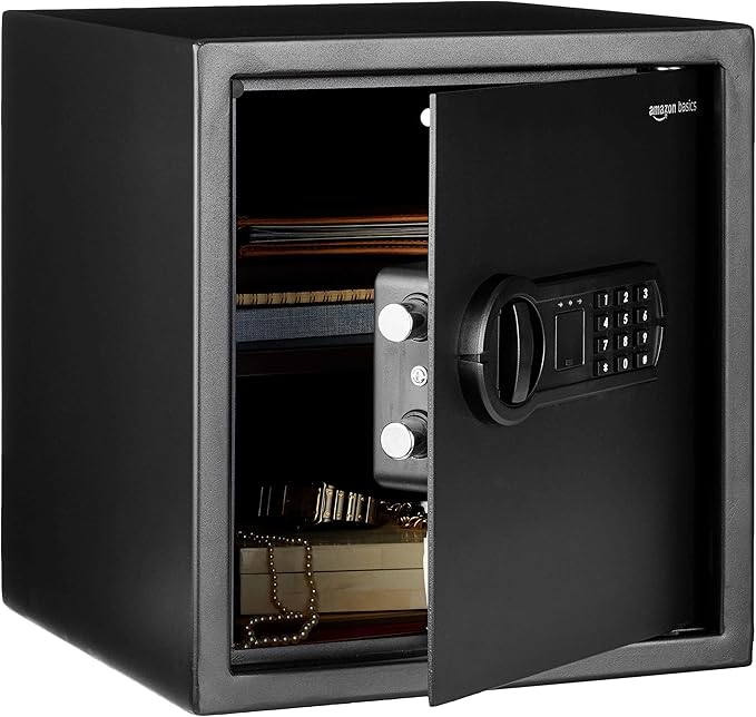 Amazon Basics Steel Home Security Electronic Safe with Digital Keypad, Programmable Lock for Important Documents, Jewelry, Valuables, 1.2 Cubic Feet, Black, 13"W x 13"D x 14.2"H