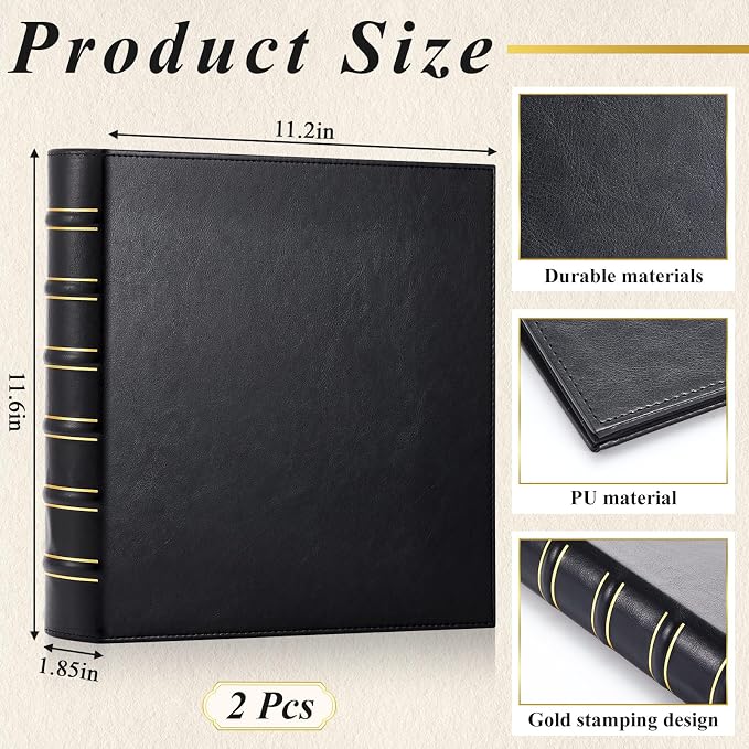 ReliThick 2 Pcs Vintage Hardback Leather 3 Ring Binder, 1 Inch D Rings Holds 200 Sheets, Professional Binder Organizer, Planner, for School and Office Supplies(Black)