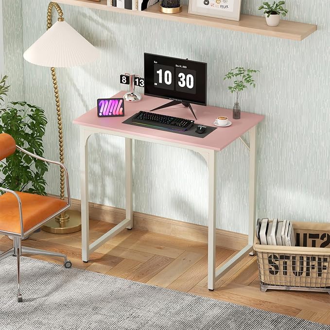 PayLessHere | 32 Inch Computer Desk | Pink | Office Desk with Metal Frame, Adjustable Feet | Water-Resistant, Scratchproof Surface | Sturdy Writing Table for Home Office or Study | Pack of 1