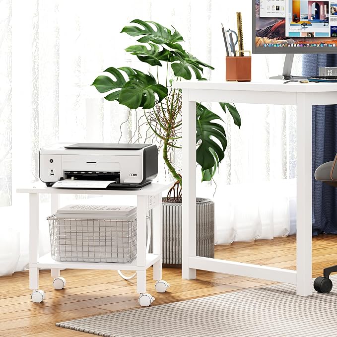 TUTOTAK Printer Stand, 2 Tier Rolling Printer Cart with Charging Station | Small Under Desk Printer Table with Wheels for Small Space, Office, Home, White PS01BW001P