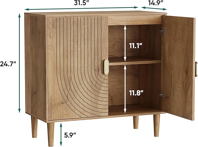 Smuxee Oak Sideboard Cabinet, Freestanding Buffet Cabinet with Line Groove Design, Wood Storage Cabinet with Adjustable Shelf for Living Room, Entryway, Hallway