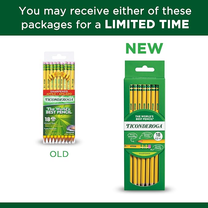 Ticonderoga Wood-Cased Pencils, Pre-Sharpened, 2 HB Soft, Yellow, 6 Boxes of 18 Count, 108 Pencils Total