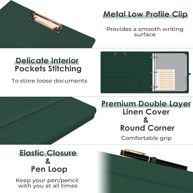 EYROZILL 3 Ring Binder 2 Inch, Binder for Letter Size (11" x 8.5") with 5 Tab Dividers, File Folder Labels and Low Profile Clipboards, Blackish Green
