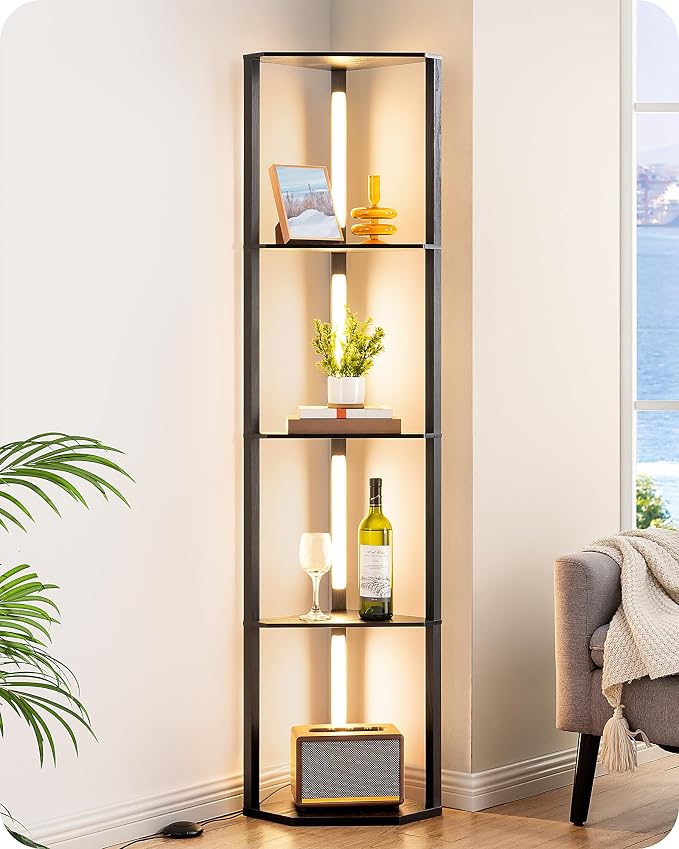 EDISHINE 64'' Corner Display Shelf Floor Lamp, 3CCT, Floor Lamp, Black | Stepless Dimming, Modern 4-Layer Shelf, Foot Switch, 3000K-4000K-5000K, Tall Corner Lamp for Bedroom, Office, Dining Room