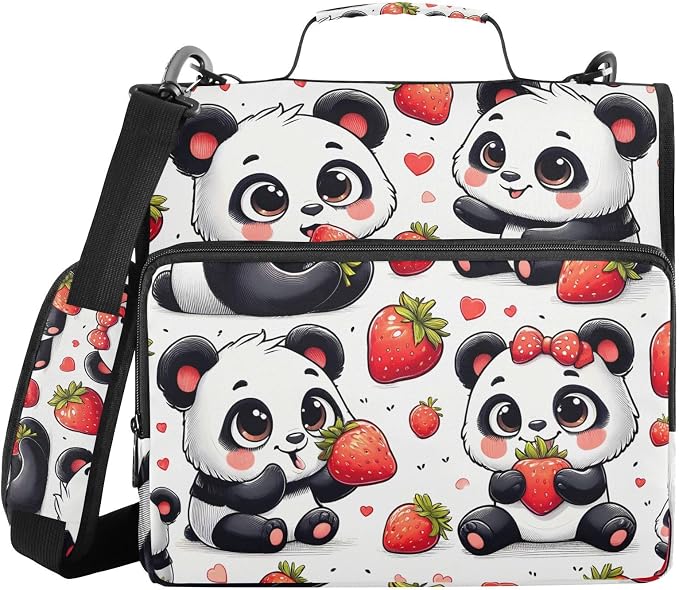 3 Ring Zipper Binder with Shoulder Strap Panda Red Strawberry 1.5 inch Binders Keeper Large Capacity Multi Pockets for School Office Supplies