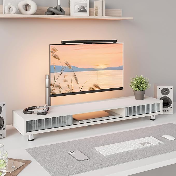 Fenge Dual Monitor Stand with Storage, Desk Shelf with Glass Sliding Door | Ergonomic Height Adjustment, 42.5in Monitor Shelf, 2-Tier Monitor Riser, Desk Organizer for Screen, PC, Laptop, White