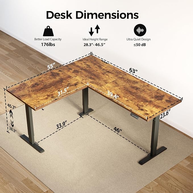 Agilestic 63 x 55 Inch L Shaped Electric Standing Desk, Vintage Brown | Corner Desk, Ample Workspace, Memory Presets, Hooks, Stable Steel Frame,176 lbs Capacity, Easy Assembly, Splice Board