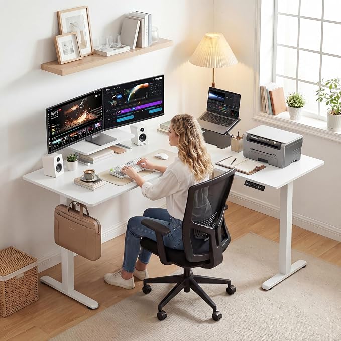 Shahoo L Shaped Electric Standing Desk, 63"x47.2" Corner Height Adjustable Sit Stand Desk with Monitor Riser, Ergonomic Stand Up Desk, 154 LBS Load Capacity Quiet Motor Home Office Computer Desk