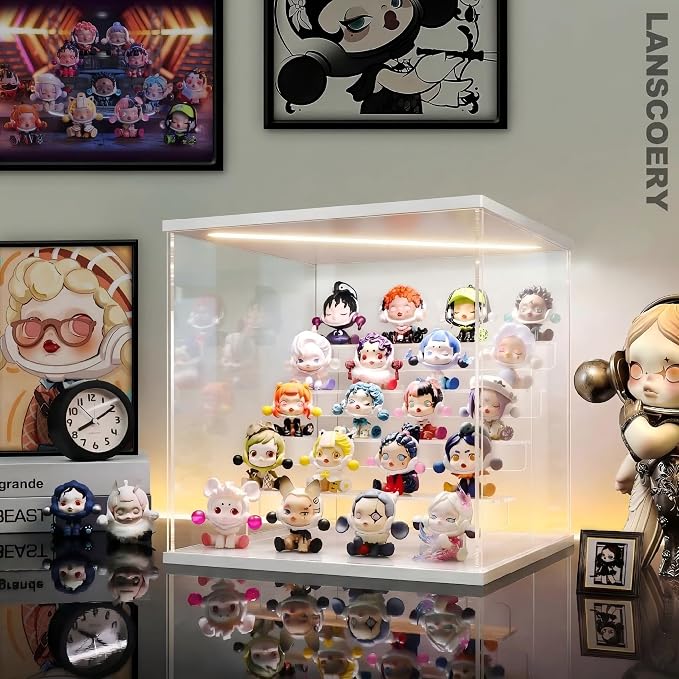 LANSCOERY Acrylic Display Case for Collectibles, 5-Tier LED Light, White | 3mm clear acrylic panels with front door access and tri-color top light for small figures on a desk or shelf.