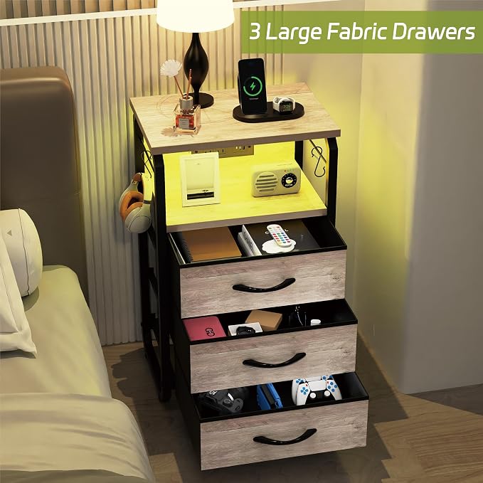 runjuly End Table Small with LED Light, Charging Station, and Hooks, Beige | 3 Fabric Drawer Storage, Type C & USB Ports & Power Outlets, Wooden Metal Nightstand, for Living Room / Bedroom / Dorm