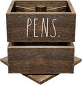 Rae Dunn Pencil Cup - Wooden Pen Holder Desktop Organizer - Small Rustic Wood Desk Top Caddy for Office Accessories and Supplies - Organization for Home, School, Classroom, Work - Square Dark Brown
