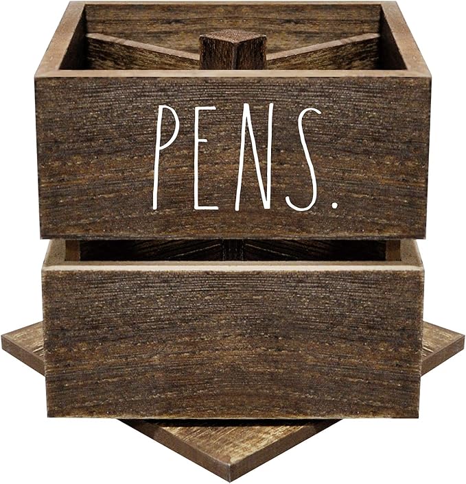 Rae Dunn Pencil Cup - Wooden Pen Holder Desktop Organizer - Small Rustic Wood Desk Top Caddy for Office Accessories and Supplies - Organization for Home, School, Classroom, Work - Square Dark Brown