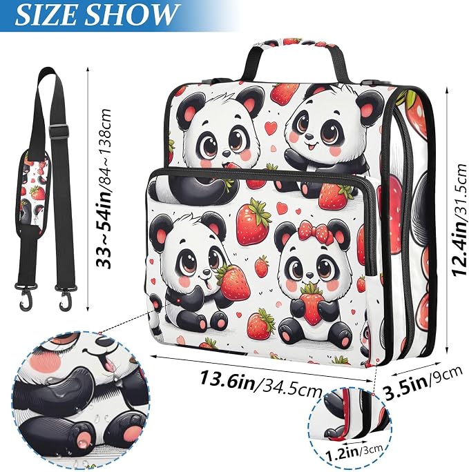 3 Ring Zipper Binder with Shoulder Strap Panda Red Strawberry 1.5 inch Binders Keeper Large Capacity Multi Pockets for School Office Supplies