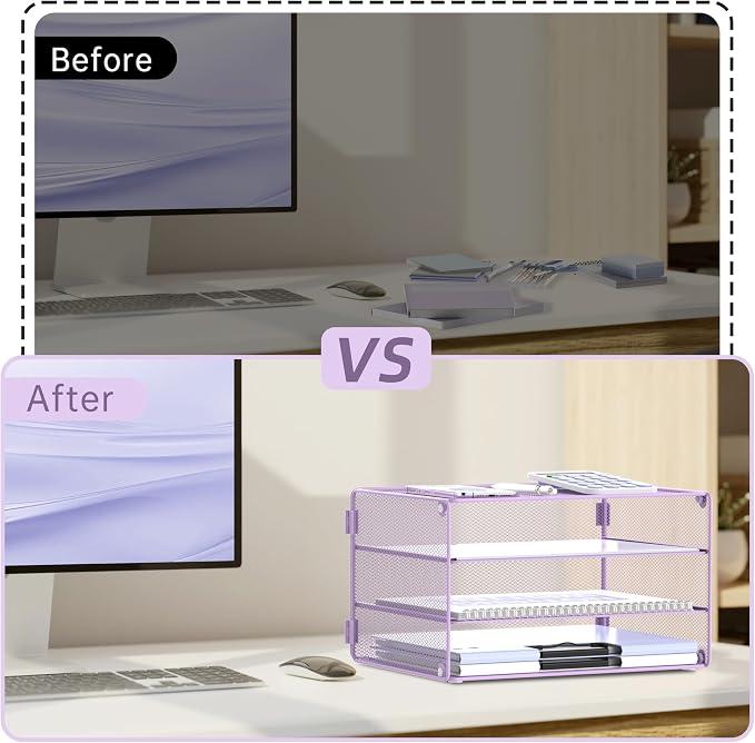 DALTACK 3 Tier Letter Tray Paper Organizer with Sliding Mesh Trays Purple | Metal Mesh File Organizer with Sliding Trays for Letter and A4 Paper, Mail, Bills, Folders and Office Documents