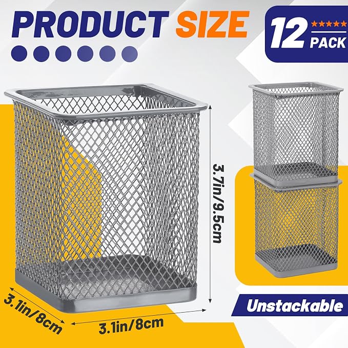 Segarty Pen Cup Holder, 12 Pack Square Silver Pen Holder for Desk, Multifuntional Mesh Pencil Cups Containers for Marker, Office Supplies, School Students, Home Desktop, Brush Organizer