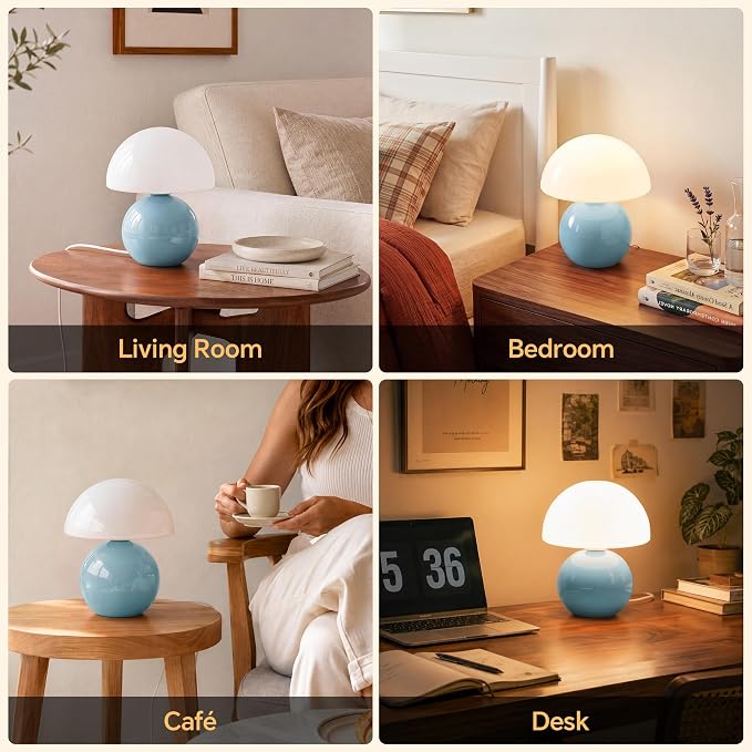 Mushroom Lamp Table Lamp for Bedroom-Small Desk Table Lamps,Blue | 8.7" Mid Century Modern Table Lamps for Living Room Bedroom Decor,Cute Ceramic Lamps for Mushroom Home Room Decor,Glass Shade