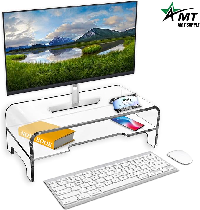 AMT Clear Acrylic Monitor Stand Riser 2 Tier, 5.5 Inches High Clear Computer Desk Organizer Shelf for Multi Media PC Storage Laptop