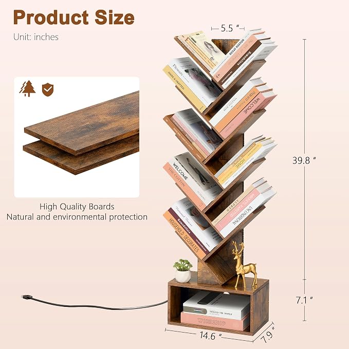 Hoctieon 9 Tier Tree Bookshelf, Tall Bookcase, Freestanding Book Shelf with LED Lights, Display Floor Standing Storage Shelf, Book Organizer Shelves for Home Office, Living Room, Rustic Brown