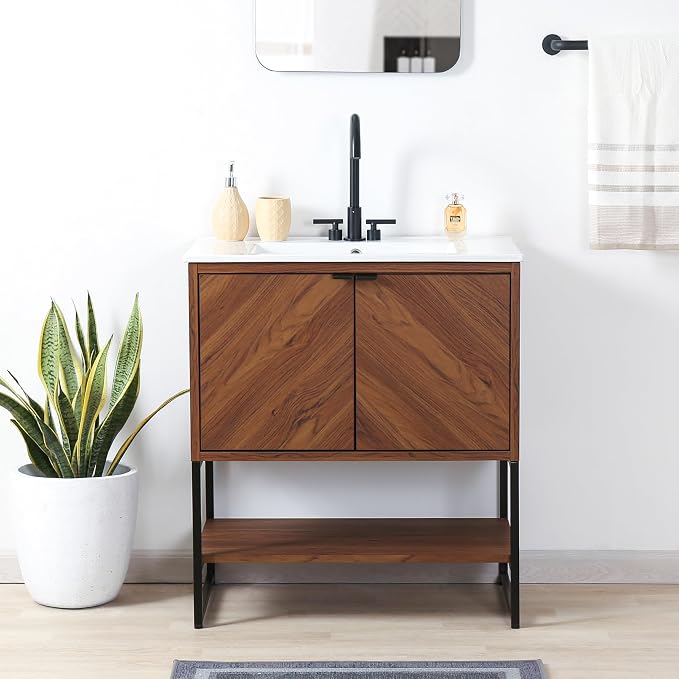 JONATHAN Y Juhl 30" Chevron Freestanding Bathroom Vanity Cabinet, Walnut | Modern Minimalist Design, 18" Deep 33" Tall, 2 Soft-Close Doors, Interior And Open Shelves, Sink Not Included