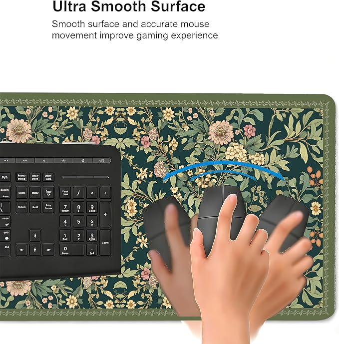 Cute Floral Aesthetic Dahlia Gaming Mouse Pad, Dark Green Rug Desk Mat with Anti-Slip Base & Stitched Edges, Office & Home Desk Decor for Women, 35.4" x 15.7" in Computer Desktop Mat