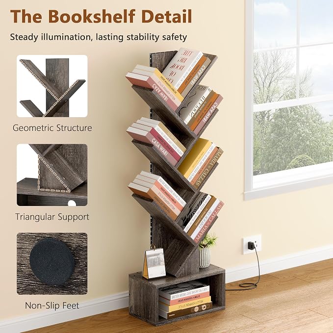 Hoctieon 6 Tier Tree Bookshelf, Tall Bookcase, Freestanding Book Shelf with LED Lights, Display Floor Standing Storage Shelf, Book Organizer Shelves for Home Office, Living Room, Grey