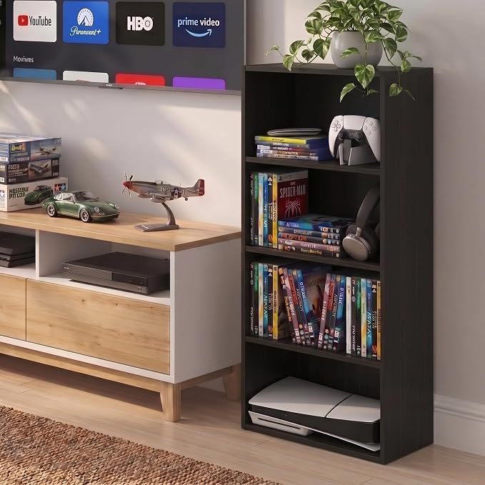 Furinno Basic DVD Shelf, 4-Tier CD Rack, Media Shelf, Espresso | 7 x 17 x 35, Open Shelf for DVD Blueray Game Disc, Storage Cabinets, for Living Room, Bedroom, Home Office