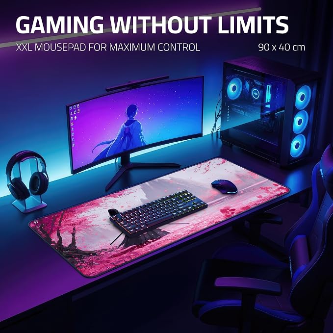 XXL Anime Gaming Mouse Pad 35.4 x 15.7 inch - Water-Resistant | Stitched Edges - Large XL Mousepad for Desk - Gamer Accessories Big Full Deskpad Mat Game Mousepads Deskmat