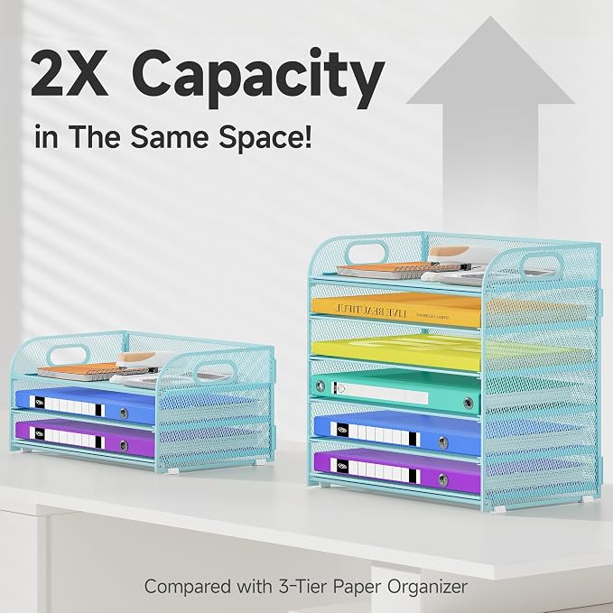 Cawukege 6 Tier Paper Organizer with Handle, Metal Desk Organizer Mesh Paper Letter Tray Desktop File Folder Document Sorter for Classroom, School, Office Accessories Storage (1, 6 Tier - Blue)