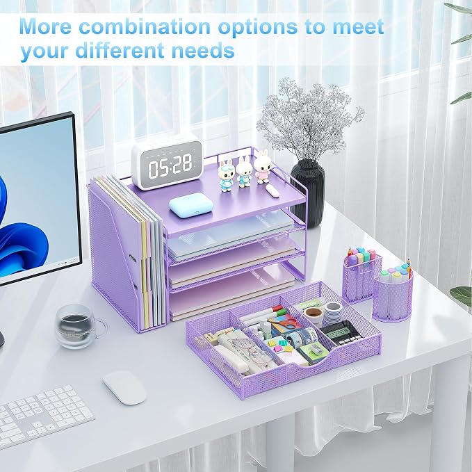 gianotter Wood Desk Organizers and Accessories with File Holder, 4-Tier Desk Accessories & Workspace Organizers with Drawer and 2 Pen Holder, Desk Reference Organizer (Purple, 4T with Metal Drawer)