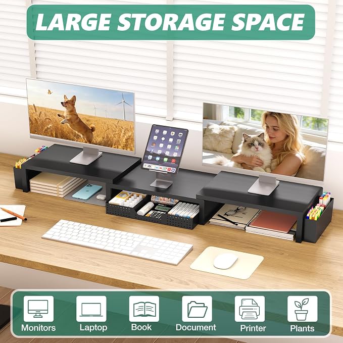 Desk Organizer and Accessories, Dual Computer Monitor Stand Riser with Drawer and 2 Pen Holders, Laptop Stand, Office Desk Accessories for Office Supplies, Black
