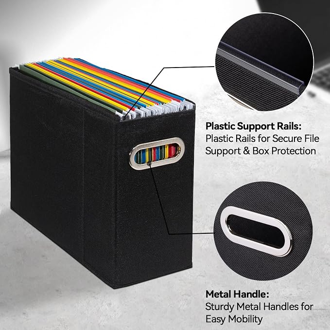 2 Packs Letter Size File Organizer, File Folders Organizer, Fabric Storage Box, Collapsible Paper Organizer with Metal Handle, Smooth PVC Rails, Only Box (Black)