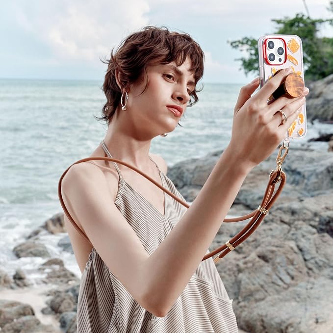 PopSockets Crossbody Phone Strap & Lanyard- Cognac | Anti-Drop Phone Strap, Accessorize Your Device, Brown, Plain, Cream, Beige, Summer Spring