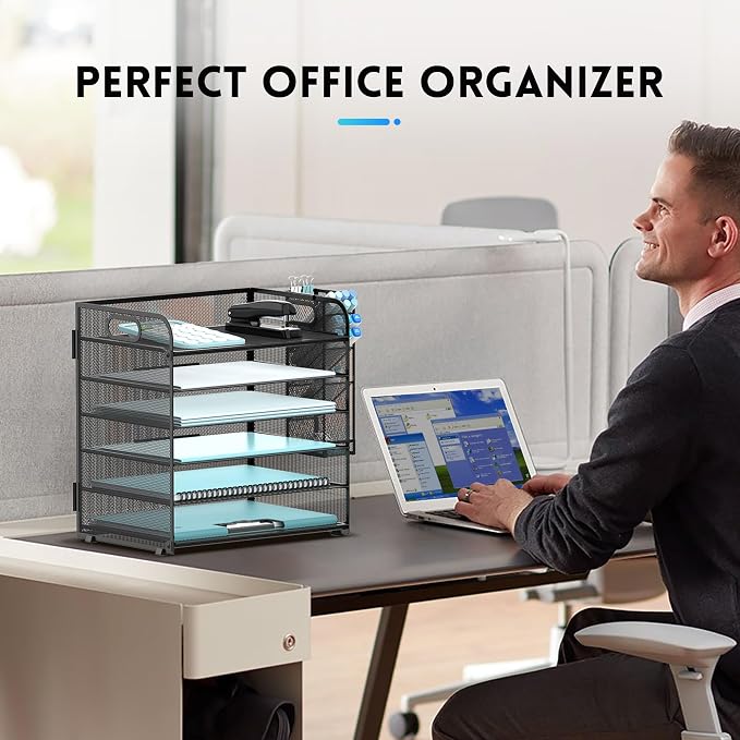 6 Tier Desk Organizer with 4 Pen Holders and Mesh Paper Trays Black | 6 Tiers Paper Organizer, File Organizer Letter Tray with Handle for A4 Files, Folders, Mail and Office Supplies
