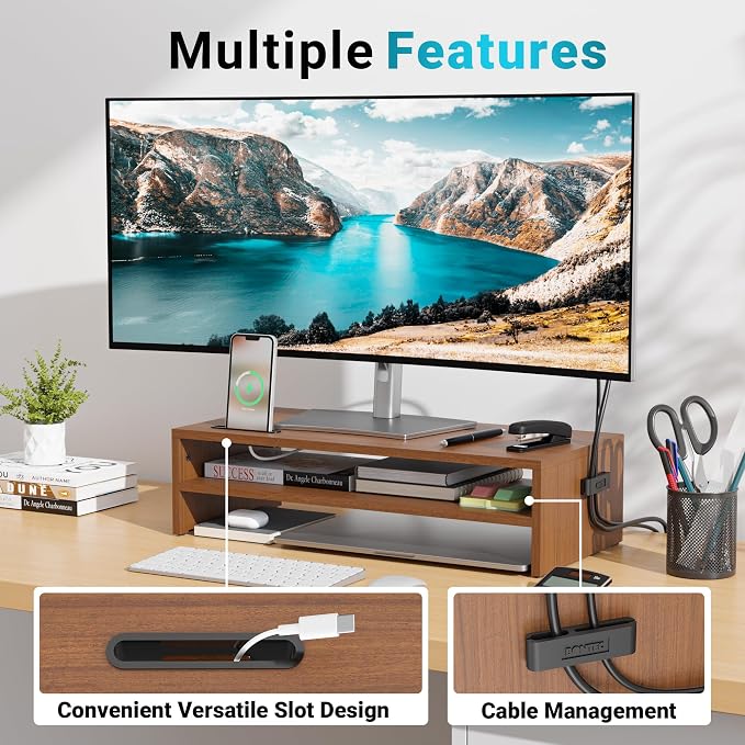 BONTEC Wood Monitor Stand Riser, 2-Tier Desktop Organizer | Ergonomic Computer Stand for Desk, Cable Management, Cellphone Holder, 21.3 Inch Shelf, Walnut