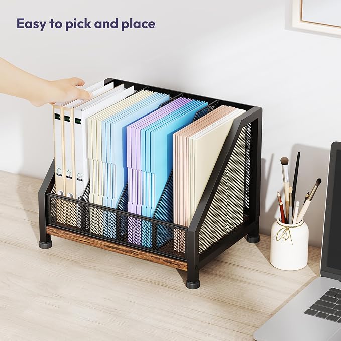 SWTYMIKI Desk Organizer - Paper Organizer, Mesh and Wood Desk Office Organizer, Office Organization and Binder Storage for Workspace, Home, School, Espresso