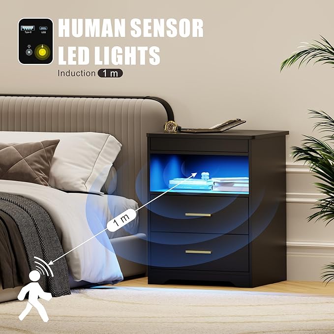 LED Nightstand with Gun Drawer & Charging Station | 3-Color Lights & Human Body Sensor, Smart USB Type-c, 2 Drawers Hidden Storage, End Table Bedroom Livingroom