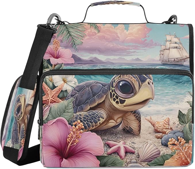 ALAZA Zipper Binder 3 Ring Turtle on Tropical Beach Binder Organizer with Zipper and Shoulder Strap Large Capacity Multi-Pocket Trapper Keeper File Folder for Office Supplies