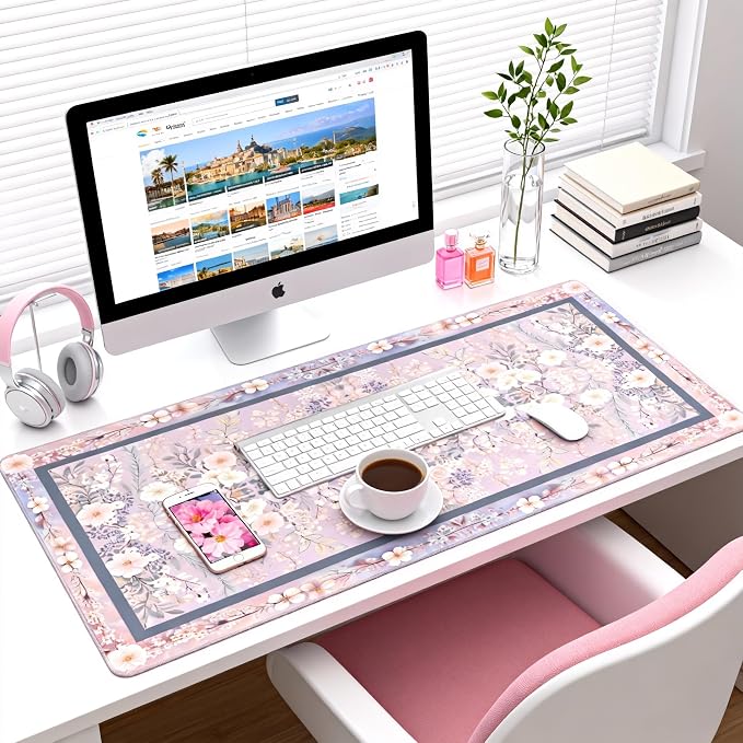Floral Aesthetic Rose Gaming Mouse Pad, Purple Rug Desk Mat with Anti-Slip Base & Stitched Edges, Office & Home Desk Decor for Women, 35.4" x 15.7" in Computer Desktop Mat