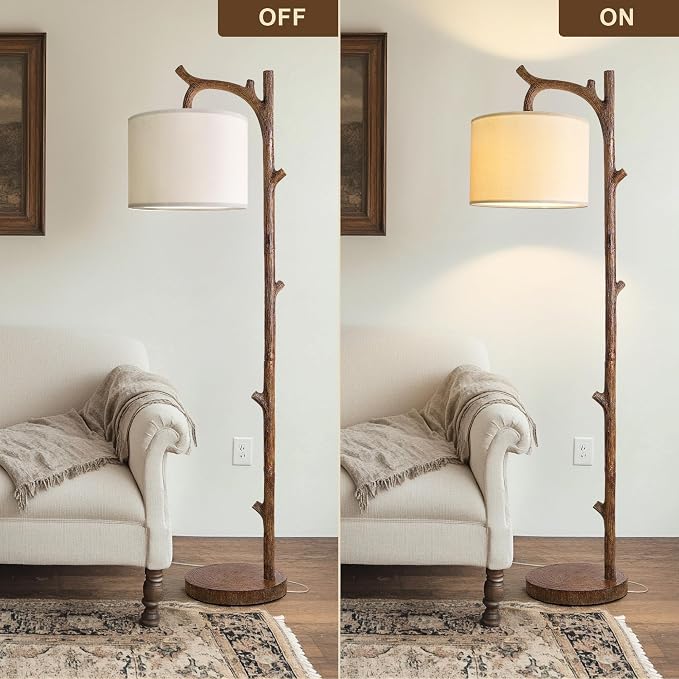 Retro Farmhouse Floor Lamp for Living Room with Remote Rustic Standing Lamps Tree Trunk Deco Modern Country Vintage Wood Floor Lamp（Brown,Bulb Included）