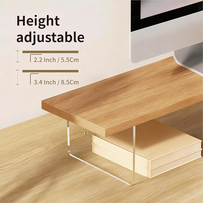 Wood Monitor Stand Riser with Acrylic Legs, Computer Screen Stand Desk Organizer, 31.5 x 7.9 x 3.1 inch, Hold up to 66 lbs (Natural, 31.5"×7.9"×3.1")
